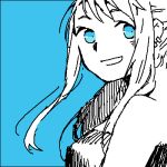  1girl :d bangs bare_shoulders black blue blue_background blue_eyes earrings floating_hair fullmetal_alchemist happy igi_(tarqu0ise) jewelry looking_back lowres monochrome open_mouth simple_background smile solo spot_color strapless tubetop white winry_rockbell 