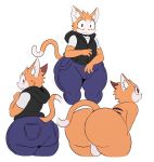  anthro backsack balls big_butt butt clothing felid fur jeans male mammal nude oliver_(sssonic2) orange_fur pants red_eyes simple_background sssonic2 sweat thick_thighs white_background wide_hips 