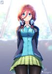  1girl arms_behind_back black_legwear blue_cardigan blue_eyes blush breasts brown_hair chinchongcha day eyebrows_visible_through_hair go-toubun_no_hanayome hair_between_eyes headphones headphones_around_neck highres large_breasts long_hair looking_at_viewer nakano_miku pantyhose pleated_skirt school_uniform skirt smile solo window 