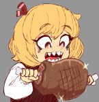  1girl blonde_hair eating eyebrows_visible_through_hair food gountro grey_background hair_ribbon holding holding_food holding_meat long_sleeves meat open_mouth red_eyes red_ribbon ribbon rumia sharp_teeth shirt short_hair simple_background smile solo teeth touhou upper_body vest white_shirt 