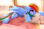  2019 bed bedroom blue_feathers blue_fur blue_wings clothed clothed_feral clothing curtains cutie_mark detailed_background digital_media_(artwork) equid equine eyebrows feathered_wings feathers female feral friendship_is_magic fur hair hooves inside lingerie long_hair long_tail lying mammal multicolored_hair multicolored_tail my_little_pony omiart on_bed on_front pillow pterippus purple_eyes rainbow_dash_(mlp) rainbow_hair rainbow_tail signature smile solo window wings 