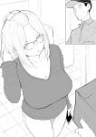  1girl absurdres adjusting_hair black_hair box breasts cleavage commentary delivery english_commentary from_above glasses greyscale hair_pulled_back hat highres holding holding_phone large_breasts long_hair monochrome norman_maggot original package pants phone standing sweatdrop sweater tile_floor tiles 