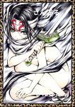  1girl bangs black_hair cloak green_eyes hand_up headband holding holding_sword holding_weapon kingdom kyoukai_(kingdom) long_hair low_ponytail marker_(medium) naked_cloak parted_lips ponytail shoes solo squatting sword traditional_media user_wzmz3732 weapon white_footwear 