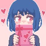  1girl blue_hair blush box commentary covering_mouth english_commentary furrowed_eyebrows gift gift_box hcnone heart holding holding_gift looking_away original pixel_art red_eyes short_hair shy solo upper_body valentine 