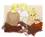  1girl 2boys :d ^_^ alphonse_elric animal automail bangs blonde_hair book brothers closed_eyes coffee_mug cup den_(fma) dog edward_elric eyes_closed fingernails frown full_body fullmetal_alchemist hand_on_own_knee igi_(tarqu0ise) legs_crossed long_sleeves looking_away looking_back mug multiple_boys open_book open_mouth ponytail profile seiza short_hair siblings sitting sleeping smile steam sweatdrop sweater tray upper_teeth winry_rockbell yellow_eyes 