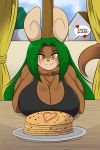  &lt;3 anthro big_breasts blush breasts brown_fur chest_tuft cleavage clothed clothing curtains dialogue english_text female food fur green_hair hair huge_breasts long_hair looking_at_viewer macropod mammal marsupial mastergodai pancake smile solo table text tuft window yellow_eyes 