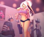  2019 absurd_res ambiguous_gender anthro big_breasts booty_shorts breasts canid canine clothed clothing crop_top curvaceous eeveelution felid female fur hair hi_res houndoom hourglass_figure huge_breasts jolteon lucario male mammal nintendo open_mouth persian pink_hair pok&eacute;mon pok&eacute;mon_(species) pok&eacute;morph seirva shirt shorts simple_background smile solo_focus towel under_boob video_games vulpix white_hair wide_hips 