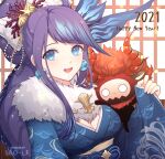  1girl 2021 :d bangs blue_hair blue_kimono breasts cleavage earrings hair_ornament happy_new_year japanese_clothes jewelry kimono lf_(paro) long_hair long_sleeves looking_at_viewer new_year ningyo_hime_(sinoalice) open_mouth ponytail sinoalice smile solo 