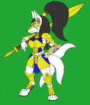  2021 3_tails anthro armor biped black_hair breasts canid canine ear_piercing ear_ring female fox fur goliathcpg green_background hair mammal melee_weapon multi_tail piercing polearm simple_background solo spear standing weapon white_body white_fur 
