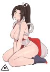  1girl bare_shoulders between_legs breasts brown_hair cleavage closed_mouth donburi_(donburikazoku) fatal_fury full_body hand_between_legs japanese_clothes kneeling large_breasts long_hair looking_at_viewer ninja pelvic_curtain ponytail revealing_clothes rope shiranui_mai solo the_king_of_fighters thighs white_background yellow_eyes 