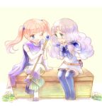  2girls armor belt blue_armor blue_eyes blush cape chibi dress fingerless_gloves fire_emblem fire_emblem:_the_blazing_blade florina_(fire_emblem) gloves green_eyes jewelry kuzumosu long_hair multiple_girls one_eye_closed open_mouth pegasus_knight_uniform_(fire_emblem) purple_cape purple_hair serra_(fire_emblem) smile staff thighhighs twintails 