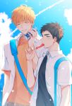  2boys bag black_hair blonde_hair blue_eyes blue_sky can cloud commentary_request day food food_in_mouth groo29 height_difference holding holding_can kasamatsu_yukio kise_ryouta kuroko_no_basuke looking_at_viewer male_focus multiple_boys one_eye_closed open_clothes orange_shirt outdoors parted_lips popsicle shirt short_hair sky sweatdrop white_shirt 