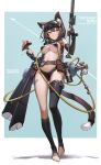  1girl absurdres animal_ear_fluff animal_ears asymmetrical_legwear bangs barcode barcode_tattoo belt belt_pouch bikini bilibili_xiaolu black_bikini black_gloves black_legwear breasts brown_belt brown_hair cat_ears cat_girl cat_tail chinese_commentary commentary_request detached_sleeves eyebrows_visible_through_hair fingerless_gloves flippers food full_body gloves goggles goggles_on_head gun hair_between_eyes highres holding holding_gun holding_knife holding_weapon kneehighs knife large_breasts long_sleeves looking_away original pink_eyes pouch scuba_tank short_hair sideways_glance single_kneehigh single_thighhigh smile solo standing stomach string_bikini swimsuit tail tattoo thighhighs toeless_legwear uneven_legwear weapon 