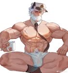  1boy abs absurdres animal_ears arknights bara beard black_necktie briefs bulge cat_ears cigarette cross_scar crossed_legs cup detached_collar facial_hair hat highres holding holding_cup large_pectorals male_focus male_underwear mature_male mug muscular muscular_male mustache navel navel_hair necktie nipples old old_man pancho_salas_(arknights) pectorals sailor_hat scar scar_on_chest short_hair socks solo stomach thick_thighs thighs topless_male underwear underwear_only wet wet_clothes wet_male_underwear white_background white_hair white_male_underwear xiedaifenshi_(7329016845) 