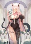  1girl absurdres bare_shoulders black_dress bone breasts cleavage dress fur_trim highres horns large_breasts looking_at_viewer original ribs sino_(oyasumi_hf) skull smile tail thighs white_hair yellow_eyes 