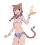  1girl :d animal_ear_fluff animal_ears bare_shoulders blue_panties blush bow bow_panties bra braid breasts brown_eyes brown_hair cat_ears cat_girl cat_tail cup drinking_glass drinking_straw fang frilled_panties frills hand_up holding holding_plate long_hair looking_at_viewer navel notice_lines original panties plate saiste simple_background small_breasts smile solo standing tail twin_braids underwear white_background white_bra wrist_cuffs 