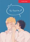  2boys black_hair blonde_hair blue_eyes blush collared_shirt commentary_request covering_mouth english_text groo29 kasamatsu_yukio kise_ryouta kuroko_no_basuke male_focus multiple_boys one_eye_closed shirt short_hair short_sleeves speech_bubble whispering white_shirt yaoi yellow_eyes 