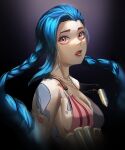  1girl absurdres alternate_breast_size asymmetrical_bangs bangs bare_shoulders belt black_background blue_hair bra braid breasts bullet cleavage cloud_tattoo collarbone commentary_request from_side gradient gradient_background grey_background highres jewelry jinx_(league_of_legends) large_breasts league_of_legends long_hair looking_at_viewer medium_breasts muhae_(dcnh8882) necklace open_mouth red_eyes shiny shiny_hair shoulder_tattoo solo tattoo twin_braids underwear upper_body 
