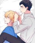  2boys adjusting_hair black_hair black_pants blonde_hair blue_shirt commentary_request groo29 hair_tie kasamatsu_yukio kise_ryouta kuroko_no_basuke looking_at_another looking_back male_focus mouth_hold multiple_boys pants shirt short_hair tying_hair white_shirt yellow_eyes 