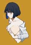  1girl alternate_hairstyle black_hair blue_eyes bob_cut breasts collarbone collared_shirt covering covering_breasts english_commentary highres kill_la_kill kiryuuin_satsuki looking_at_viewer looking_to_the_side medium_breasts no_bra parted_lips porqueloin shirt short_hair simple_background solo upper_body 