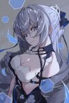  1girl arm_under_breasts bangs black_gloves breasts bronya_zaychik cleavage closed_mouth dress drill_hair gloves grey_background grey_eyes grey_hair hair_between_eyes hair_ornament highres holographic_interface honkai_(series) honkai_impact_3rd large_breasts lips long_hair looking_at_viewer solo ssssolagu twin_drills white_dress 
