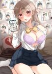  1girl blush bra breasts brown_hair cleavage eyebrows_visible_through_hair holding holding_phone ikura_nagisa large_breasts looking_at_viewer open_clothes open_mouth open_shirt original phone photo_(object) red_eyes school_uniform skirt socks underwear yandere yes-no_pillow 