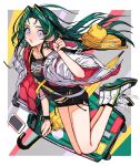  1girl bare_legs black_shorts blush border drawstring green_hair grey_eyes highres long_hair looking_at_viewer open_mouth original outside_border phone shoes shorts solo suitcase umbrella very_long_hair white_border white_footwear window1228 yellow_belt yellow_umbrella 