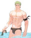  1boy abs absurdres alternate_costume bara blush bulge earrings green_hair highres jewelry large_pectorals looking_at_viewer male_focus male_swimwear messy_hair mint muscular muscular_male navel nipples one_eye_closed one_piece pectorals roronoa_zoro sample short_hair sideburns single_earring solo stomach swim_briefs thick_eyebrows thighs topless_male wading wet wet_hair xiedaifenshi_(7329016845) 