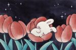  animal blush bunny closed_eyes flower highres leaf night night_sky no_humans original outdoors plant red_flower sky sleeping zukky000 