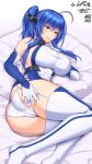  1girl ahoge argyle argyle_cutout ass azur_lane bangs bare_shoulders blue_dress blue_hair blush breasts buttons closed_mouth clothing_cutout collar commentary_request dress elbow_gloves eyebrows_visible_through_hair finger_to_mouth garter_straps gloves hair_between_eyes hair_ornament highres index_finger_raised large_breasts legs long_hair looking_at_viewer lying metal_collar on_side panties purple_eyes short_dress shuugetsu_karasu side_ponytail sidelocks silver_dress smile st._louis_(azur_lane) thighhighs thighs underwear white_dress white_gloves white_legwear white_panties 