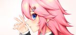  1girl :o bangs beige_background black_jacket blush earrings hair_ornament hairpin highres higokumaru honkai_(series) honkai_impact_3rd jacket jewelry long_hair long_sleeves looking_at_viewer looking_to_the_side mao_de_hei_ying nail_polish open_mouth pink_hair pink_nails purple_eyes school_uniform simple_background solo yae_sakura 