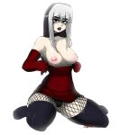  1girl absurdres bangs bare_shoulders black_hair black_legwear black_panties blunt_bangs breasts clothes_pull crimson_(total_drama) dress dress_pull elbow_gloves eyebrows_visible_through_hair fishnets fishywishy full_body gloves gothic grey_hair highres large_breasts multicolored_hair nipple_piercing nipples panties parted_lips piercing red_dress red_gloves shadow signature simple_background sitting solo thighhighs total_drama two-tone_hair underwear white_background 