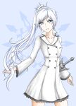  1girl absurdres blue_background blue_eyes buttons coat double-breasted earrings hand_in_hair high_ponytail highres jewelry long_hair looking_at_viewer myrtenaster parted_lips ponytail rwby scar scar_across_eye smile solo tsukimizake very_long_hair weiss_schnee white_coat white_hair 