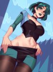  1girl aqua_eyes aqua_hair aqua_lips artist_name black_choker black_hair black_legwear blue_sky breasts choker clothes_pull cloud cowboy_shot gwen_(total_drama) highres large_breasts long_sleeves looking_at_viewer midriff multicolored_hair navel pantyhose parted_lips pencil_skirt qt0ri short_hair skirt skirt_pull sky smile solo total_drama tree two-tone_hair 