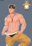  1boy abs animal_ears bara bear black_male_underwear brown_eyes brown_hair brown_pants closed_mouth genshin_impact guoba_(genshin_impact) highres jewelry kheng0122 large_pectorals male_focus male_underwear male_underwear_peek male_underwear_pull mature_male muscular muscular_male necklace nipple_piercing nipples pants pectorals piercing simple_background smile solo underwear 
