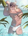  1boy abs absurdres animal_ears arknights bandaid bandaid_on_cheek bara brown_eyes brown_hair bulge chinese_commentary cow_boy cow_ears cow_horns cropped hands_up highres horns large_pectorals looking_at_viewer male_focus male_swimwear male_underwear matterhorn_(arknights) matterhorn_(beach_guard)_(arknights) medium_hair muscular muscular_male navel nipples official_alternate_costume pectorals plant sideburns smile solo stomach sunlight swim_briefs thick_eyebrows thick_thighs thighs third-party_edit topless_male underwear wading water white_male_swimwear white_male_underwear xiedaifenshi_(7329016845) 
