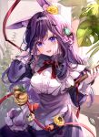  1girl :d absurdres animal_ear_fluff animal_ears apron bangs blue_eyes blush bow bowtie breasts commentary dress flower food fruit gem hair_between_eyes hair_flower hair_ornament hairband highres holding large_breasts long_hair long_sleeves open_mouth original plant puracotte purple_dress purple_hair rabbit_ears red_bow red_bowtie red_ribbon ribbon smile solo strawberry white_apron white_hairband yellow_flower 