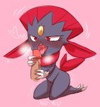  ambiguous_gender anthro blush bodily_fluids claws duo genitals hi_res japanese_text kneeling kneeling_oral_position licking male negoya nintendo open_mouth oral penile penis penis_lick pok&eacute;mon pok&eacute;mon_(species) saliva sex simple_background text tongue tongue_out video_games weavile 
