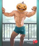  1boy abs balcony bara blue_shorts bulge covered_eyes grin halloween halloween_costume highres katto8452 large_pectorals male_focus mature_male muscular muscular_male navel nipples open_mouth original pectorals pumpkin shorts smile solo topless topless_male 