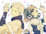  1boy 2girls armor bangs blonde_hair blue_hair cynthia_(fire_emblem) fire_emblem fire_emblem_awakening gloves grey_hair highres leather looking_at_viewer lucina_(fire_emblem) multiple_girls nishimura_(nianiamu) one_eye_closed owain_(fire_emblem) smile teeth upper_body 