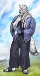  2021 anthro asian_clothing biped blue_eyes canid canine canis clothing cloud east_asian_clothing footwear fur grey_body grey_fur hair hand_on_chin hi_res japanese_clothing kimono looking_at_viewer mammal outside plantigrade sandals sky solo thebigslick veiny_arms white_body white_fur white_hair wolf 