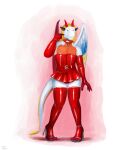  2021 absurd_res anthro armwear biped clothing collar dragon elbow_gloves girly gloves handwear hi_res high_heels horn male red_armwear red_clothing red_collar red_corset red_elbow_gloves red_gloves red_handwear simple_background solo standing suule wings 