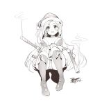  1girl bell boots breasts candy candy_cane character_request christmas dated ejami food hat jingle_bell league_of_legends long_hair looking_at_viewer monochrome santa_hat signature simple_background smile solo white_background 