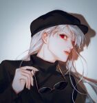  1boy androgynous bangs black_headwear eyewear_removed from_side hat holding holding_eyewear hunter_x_hunter kurapika lips long_hair long_sleeves looking_at_viewer male_focus profile red_eyes sideways_glance solo sunglasses turtleneck upper_body white_background white_hair wig wz_(woyzeck) 