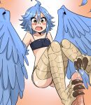  1girl ahoge bare_shoulders bird_legs blue_hair blush breasts collarbone eyebrows_visible_through_hair feathers footjob harpy hetero looking_at_penis monster_girl monster_musume_no_iru_nichijou opeipiao open_mouth papi_(monster_musume) penis precum short_hair shorts simple_background small_breasts solo strapless talons tube_top uncensored wings worried yellow_eyes 