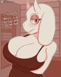  2021 anthro big_breasts black_clothing blush bovid breasts caprine cleavage cleavage_overflow clothed clothing crossed_arms detailed_background euphorica eyeshadow female fur goat hi_res horn huge_breasts looking_at_viewer makeup mammal narrowed_eyes solo text toriel undertale_(series) watermark white_body white_fur 