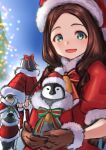  2girls bird brown_gloves brown_hair christmas christmas_tree fate/grand_order fate_(series) gloves hat leonardo_da_vinci_(fate) long_hair looking_at_viewer meltryllis_(fate) meltryllis_(swimsuit_lancer)_(fate) multiple_girls nyantiu open_mouth penguin smile 