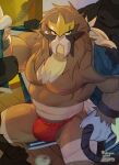  2021 5_fingers anthro asian_clothing balls_slip biceps biped brown_body brown_eyes brown_fur bulge chest_wraps claws clothed clothing colored dangpa detailed_background east_asian_clothing entei fingers fundoshi fundoshi_only fur hair hi_res humanoid_hands japanese_clothing leg_wraps legendary_pok&eacute;mon male muscular muscular_anthro muscular_male muscular_thighs nintendo nipples pecs pok&eacute;mon pok&eacute;mon_(species) red_clothing red_fundoshi red_underwear scar signature solo_focus tied_hair underwear underwear_only video_games white_hands wraps 