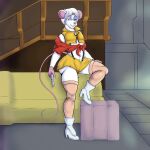  1:1 anthro big_butt boots bottomwear butt clothed clothing cosplay costume cowboy_bebop curvy_figure digital_media_(artwork) dirk_aukea dirk_aukea_(artist) faye_valentine fingers footwear fur hair hi_res legwear looking_at_viewer male mammal midriff mouse murid murine navel rodent shirt shorts smile solo stockings thick_thighs tied_shirt topwear wide_hips 