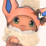  ambiguous_gender clothing costume detailed_eyes eevee eeveelution feral flareon fluffy fur green_eyes green_sclera hi_res looking_at_viewer mammal nintendo open_mouth orange_body orange_fur paws pok&eacute;mon pok&eacute;mon_(species) simple_background smile snoiifoxxo solo tuft video_games 